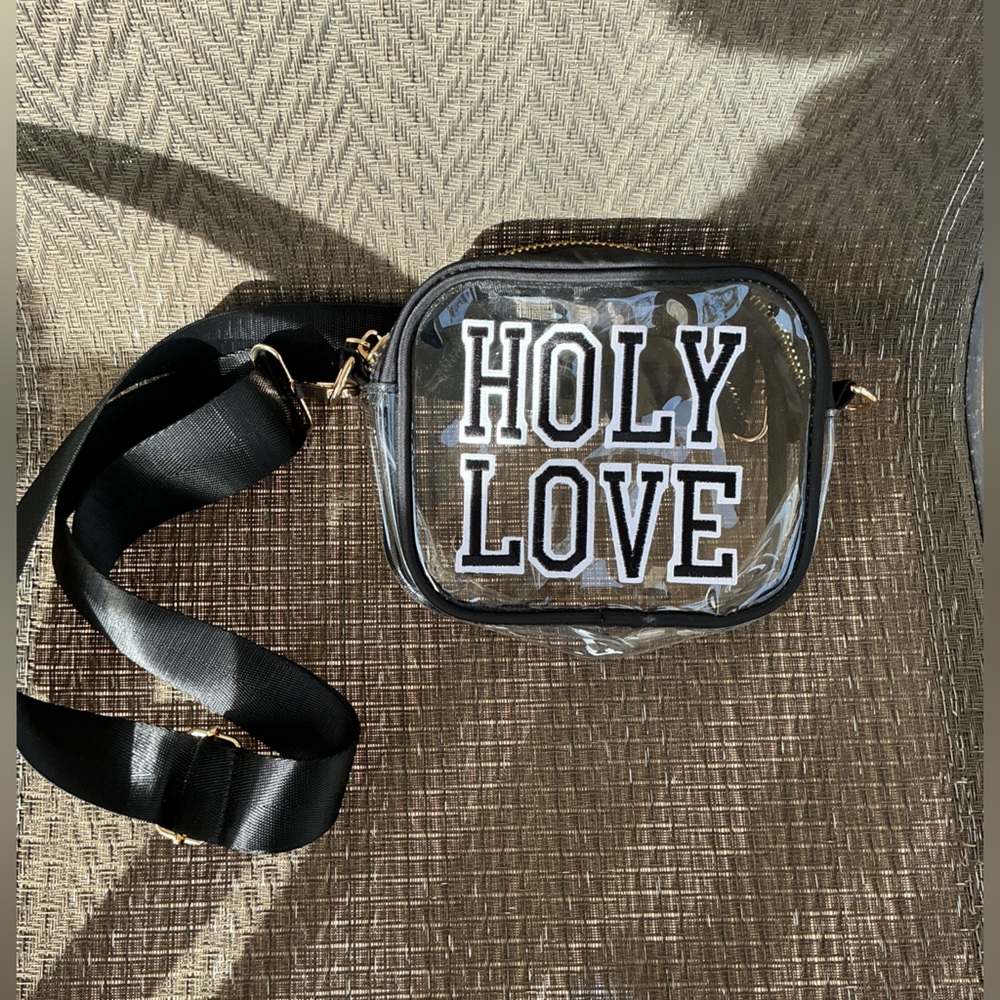 Clear “Holy Love” Crossbody with White/Black Knit Decal